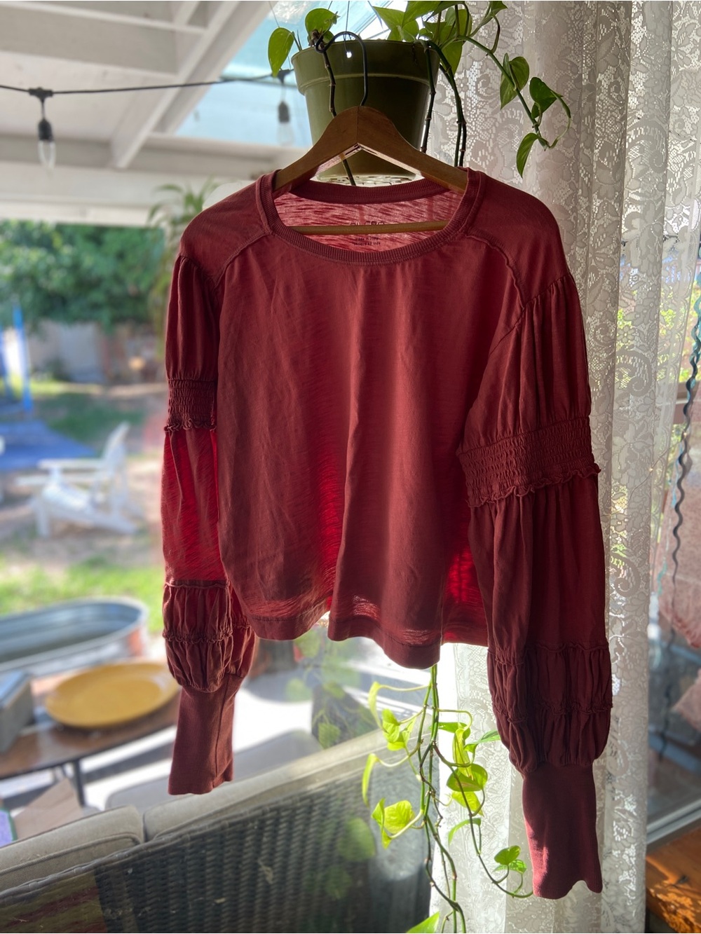 Pilcro Red Smocked-Sleeve Sweatshirt